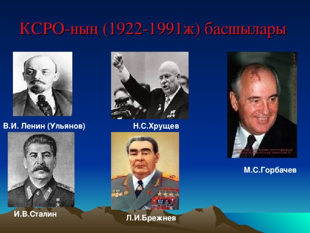 КСРО-ның (1922-1991ж) басшылары В.И. Ленин (Ульянов)  Н.С.Хрущев  М.С.Горбачев  И.В.Сталин  Л.И.Брежнев