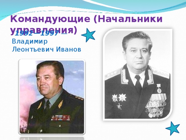 Командующие (Начальники управления)    1992—1997  — Владимир Леонтьевич Иванов