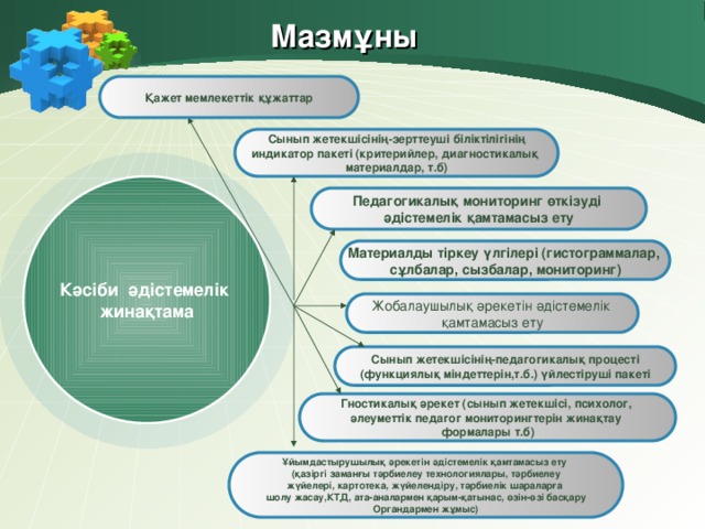 Мазмұны Қажет мемлекеттік құжаттар Сынып жетекшісінің-зерттеуші біліктілігінің индикатор пакеті (критерийлер, диагностикалық материалдар, т.б) Кәсіби әдістемелік жинақтама Педагогикалық мониторинг өткізуді әдістемелік қамтамасыз ету Материалды тіркеу үлгілері (гистограммалар, сұлбалар, сызбалар, мониторинг) Жобалаушылық әрекетін әдістемелік қамтамасыз ету Сынып жетекшісінің-педагогикалық процесті (функциялық міндеттерін,т.б.) үйлестіруші пакеті Гностикалық әрекет (сынып жетекшісі, психолог, әлеуметтік педагог мониторингтерін жинақтау формалары т.б) Ұйымдастырушылық әрекетін әдістемелік қамтамасыз ету (қазіргі заманғы тәрбиелеу технологиялары, тәрбиелеу жүйелері, картотека, жүйелендіру, тәрбиелік шараларға шолу жасау,КТД, ата-аналармен қарым-қатынас, өзін-өзі басқару Органдармен жұмыс)