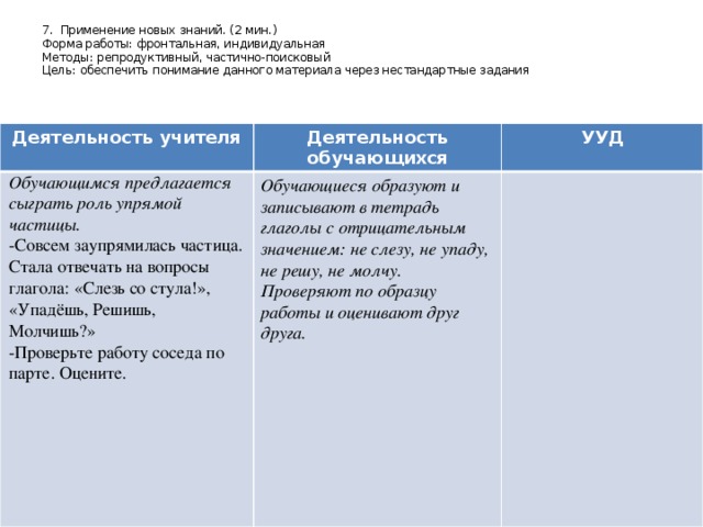 7. Применение новых знаний. (2 мин.)  Форма работы: фронтальная, индивидуальная  Методы: репродуктивный, частично-поисковый  Цель: обеспечить понимание данного материала через нестандартные задания Деятельность учителя Деятельность обучающихся Обучающимся предлагается сыграть роль упрямой частицы. УУД -Совсем заупрямилась частица. Стала отвечать на вопросы глагола: «Слезь со стула!», «Упадёшь, Решишь, Молчишь?» Обучающиеся образуют и записывают в тетрадь глаголы с отрицательным значением: не слезу, не упаду, не решу, не молчу. Проверяют по образцу работы и оценивают друг друга. -Проверьте работу соседа по парте. Оцените.