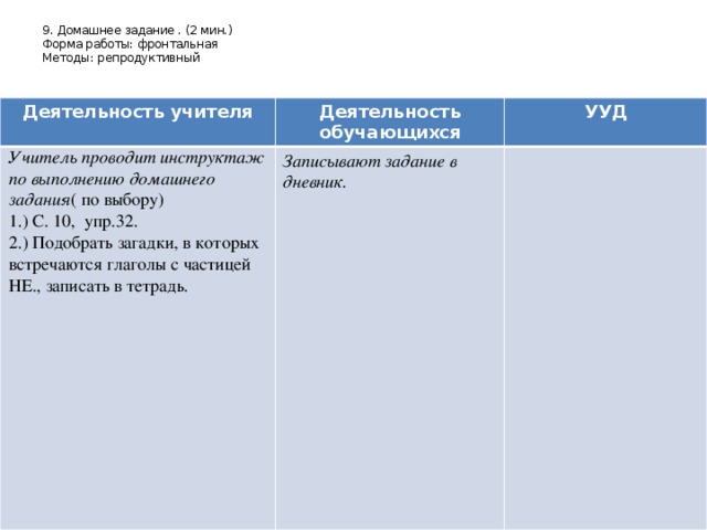 9. Домашнее задание . (2 мин.)  Форма работы: фронтальная  Методы: репродуктивный   Деятельность учителя Деятельность обучающихся Учитель проводит инструктаж по выполнению домашнего задания ( по выбору) УУД 1.) С. 10, упр.32. Записывают задание в дневник. 2.) Подобрать загадки, в которых встречаются глаголы с частицей НЕ., записать в тетрадь.