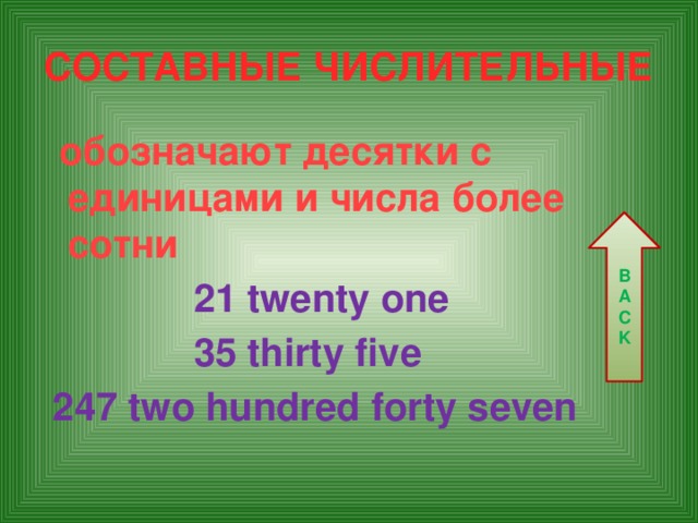 СОСТАВНЫЕ ЧИСЛИТЕЛЬНЫЕ  обозначают десятки с единицами и числа более сотни  21 twenty one  35 thirty five  247 two hundred forty seven BACK