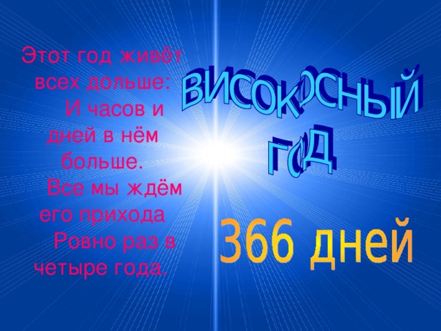 Этот год живёт всех дольше:  И часов и дней в нём больше.  Все мы ждём его прихода  Ровно раз в четыре года.