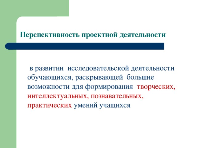 Перспективность проектной деятельности  в развитии исследовательской деятельности обучающихся, раскрывающей большие возможности для формирования творческих, интеллектуальных, познавательных, практических умений  учащихся