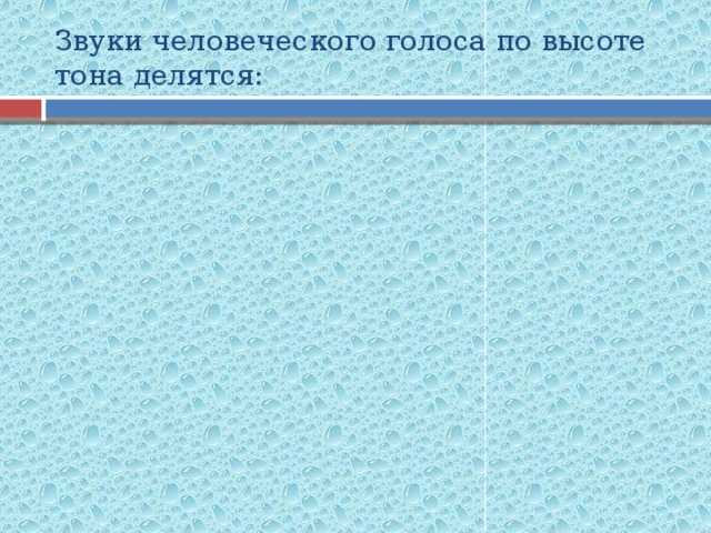 Тенор (130-520 Гц) Баритон (110-149 Гц) Звуки человеческого голоса по высоте тона делятся: Бас Колоратурное сопрано (до 1400 Гц) Дискант (260-1050 Гц)