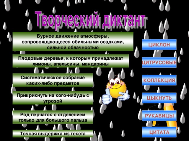 Бурное движение атмосферы, сопровождающееся обильными осадками, сильной облачностью ЦИКЛОН Плодовые деревья, к которым принадлежат лимоны, апельсины, мандарины ЦИТРУСОВЫЕ Систематическое собрание каких-либо предметов КОЛЛЕКЦИЯ Прикрикнуть на кого-нибудь с угрозой ЦЫКНУТЬ Род перчаток с отделением только для большого пальца РУКАВИЦЫ ЦИТАТА Точная выдержка из текста