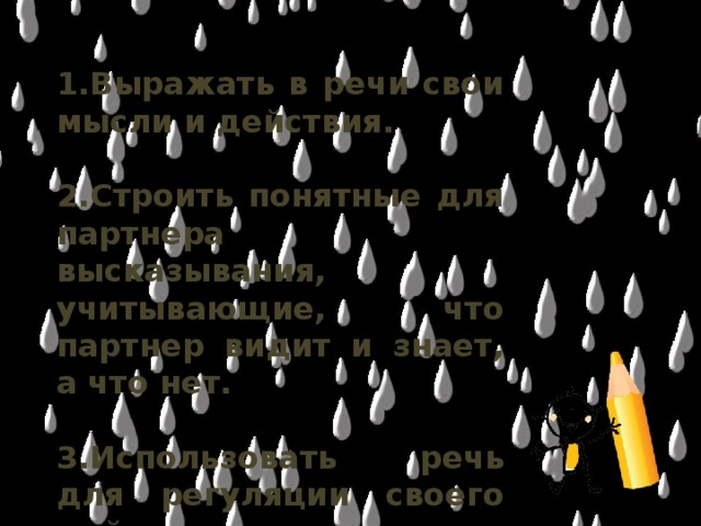 1.Выражать в речи свои мысли и действия.  2.Строить понятные для партнера высказывания, учитывающие, что партнер видит и знает, а что нет.  3.Использовать речь для регуляции своего действия.  4.Работать в паре и группе.