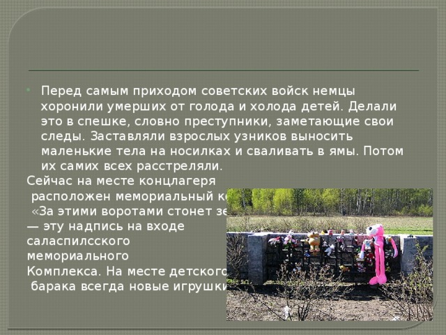 Перед самым приходом советских войск немцы хоронили умерших от голода и холода детей. Делали это в спешке, словно преступники, заметающие свои следы. Заставляли взрослых узников выносить маленькие тела на носилках и сваливать в ямы. Потом их самих всех расстреляли.