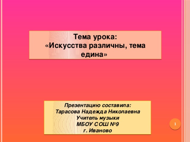 Тема урока: «Искусства различны, тема едина» Презентацию составила: Тарасова Надежда Николаевна Учитель музыки МБОУ СОШ №9 г. Иваново