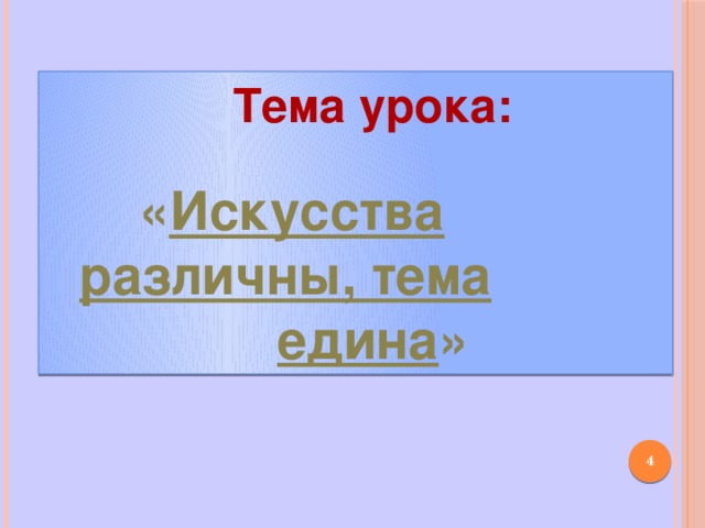 Тема урока:    « Искусства различны, тема едина »