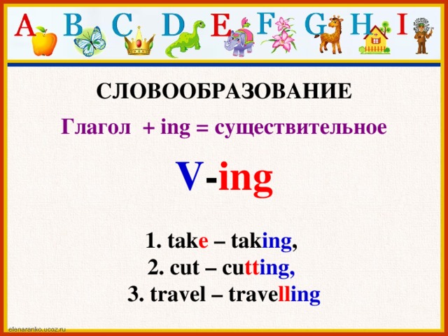 СЛОВООБРАЗОВАНИЕ  Глагол + ing = существительное  V - ing  1. tak e – tak ing , 2. cut – cu tt ing, 3. travel – trave ll ing