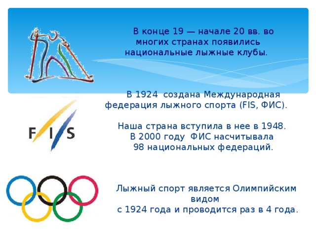 В конце 19 — начале 20 вв. во многих странах появились национальные лыжные клубы. В 1924 создана Международная федерация лыжного спорта (FIS, ФИС). Наша страна вступила в нее в 1948. В 2000 году ФИС насчитывала 98 национальных федераций. Лыжный спорт является Олимпийским видом  с 1924 года и проводится раз в 4 года.