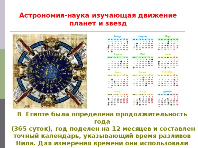 Астрономия-наука изучающая движение планет и звезд В Египте была определена продолжительность года  (365 суток), год поделен на 12 месяцев и составлен точный календарь, указывающий время разливов Нила. Для измерения времени они использовали водяные часы.