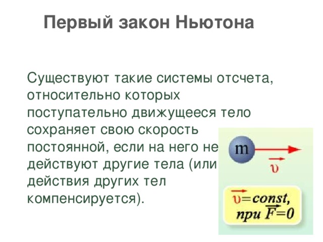 Первый закон Ньютона  Существуют такие системы отсчета, относительно которых поступательно движущееся тело сохраняет свою скорость постоянной, если на него не действуют другие тела (или действия других тел компенсируется). Позволю напомнить, что компонент состоит из трех подкомпонентов, каждый из которых решает свой круг задач