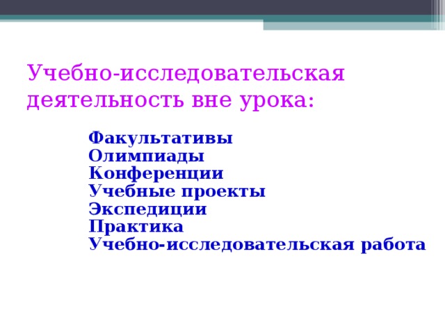 Учебно-исследовательская деятельность вне урока:   Факультативы Олимпиады Конференции Учебные проекты Экспедиции Практика Учебно-исследовательская работа