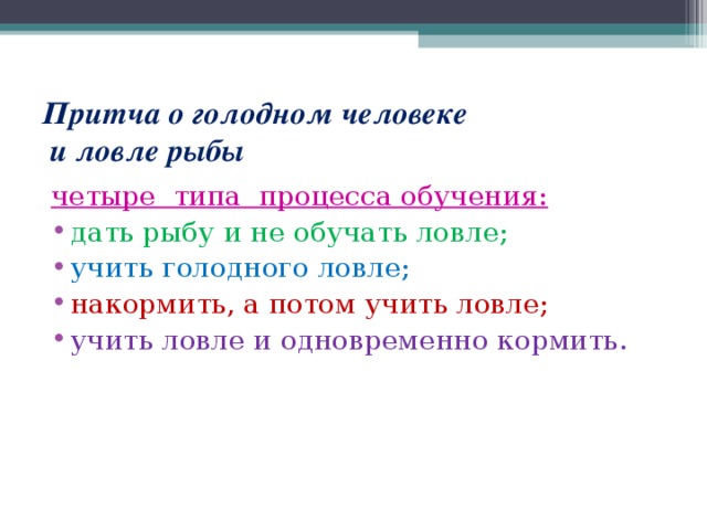 Притча о голодном человеке    и ловле рыбы четыре типа процесса обучения: