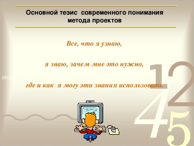 Основной тезис современного понимания метода проектов Все, что я узнаю,   я знаю, зачем мне э то нужно,  где и как я могу эти знания использовать