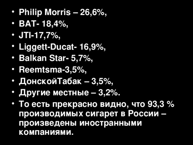 Philip Morris – 26,6%, BAT- 18,4%, JTI-17,7%, Liggett-Ducat- 16,9%, Balkan Star- 5,7%, Reemtsma -3,5%, ДонскойТабак – 3,5%, Другие местные – 3,2%. То есть прекрасно видно, что 93,3 % производимых сигарет в России – произведены иностранными компаниями.