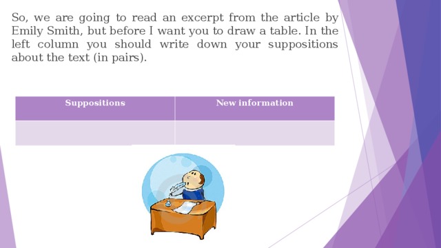 So, we are going to read an excerpt from the article by Emily Smith, but before I want you to draw a table. In the left column you should write down your suppositions about the text (in pairs). Suppositions New information