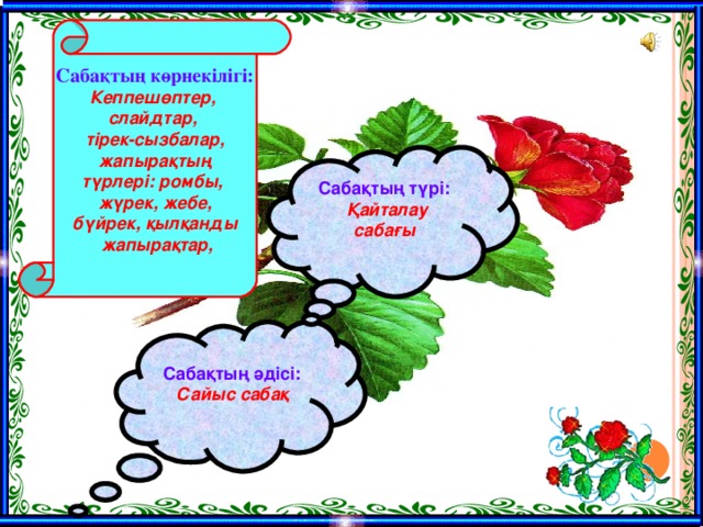 Сабақтың көрнекілігі: Кеппешөптер, слайдтар, тірек-сызбалар,  жапырақтың түрлері: ромбы, жүрек, жебе, бүйрек, қылқанды  жапырақтар,   Сабақтың түрі:  Қайталау сабағы    Сабақтың әдісі: Сайыс сабақ