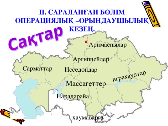 Тиграхаудтар ІІ. САРАЛАНҒАН БӨЛІМ  ОПЕРАЦИЯЛЫҚ –ОРЫНДАУШЫЛЫҚ КЕЗЕҢ. Аримаспылар Аргиппейлер Сарматтар Исседондар Массагеттер Парадарайа хаумаварга