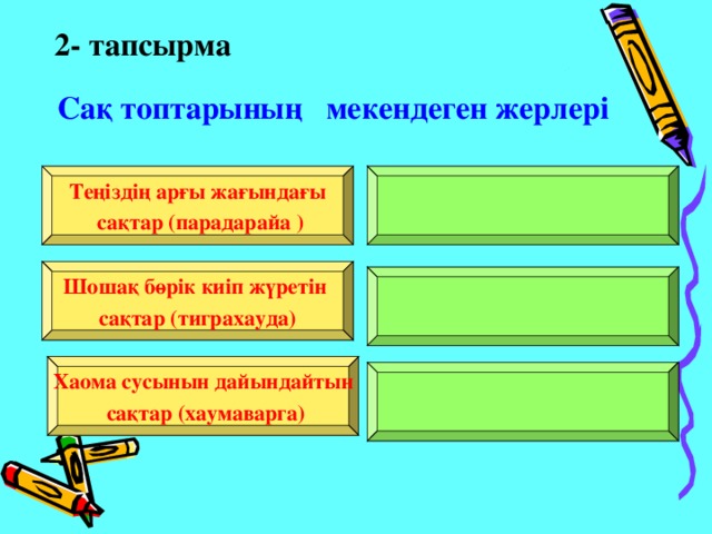 2- тапсырма Сақ топтарының  мекендеген жерлері Теңіздің арғы жағындағы  сақтар (парадарайа ) Шошақ бөрік киіп жүретін сақтар (тиграхауда)  Хаома сусынын дайындайтын  сақтар (хаумаварга)