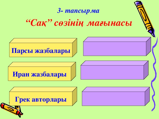 3- тапсырма  “ Сақ” сөзінің мағынасы Парсы жазбалары Иран жазбалары Грек авторлары