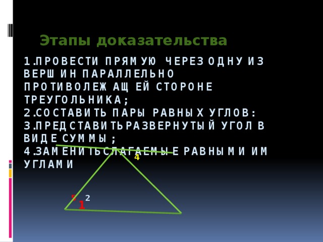 Этапы доказательства 1.Провести прямую через одну из вершин параллельно противолежащей стороне треугольника;  2.Составить пары равных углов:  3.представитьразвернутый угол в виде суммы;  4.заменитьслагаемые равными им углами    5 2         3       4 1