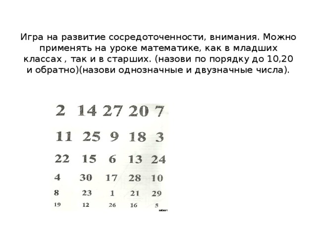 Игра на развитие сосредоточенности, внимания. Можно применять на уроке математике, как в младших классах , так и в старших. (назови по порядку до 10,20 и обратно)(назови однозначные и двузначные числа).