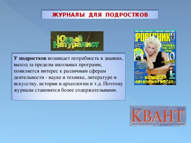 ЖУРНАЛЫ ДЛЯ ПОДРОСТКОВ У подростков возникает потребность в знаниях, выход за пределы школьных программ, появляется интерес к различным сферам деятельности - науке и технике, литературе и искусству, истории и археологии и т.д. Поэтому журналы становятся более содержательными. 8