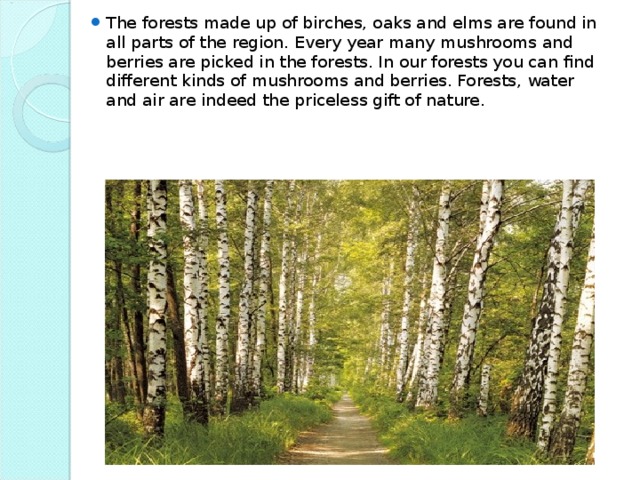 The forests made up of birches, oaks and elms are found in all parts of the region. Every year many mushrooms and berries are picked in the forests. In our forests you can find different kinds of mushrooms and berries. Forests, water and air are indeed the priceless gift of nature.