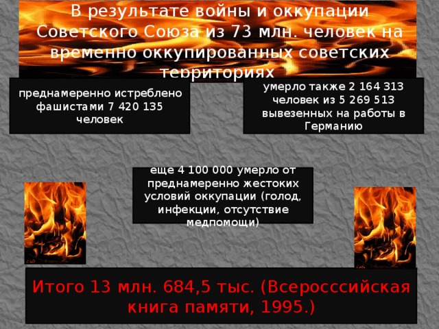 В результате войны и оккупации Советского Союза из 73 млн. человек на временно оккупированных советских территориях  преднамеренно истреблено фашистами 7 420 135 человек умерло также 2 164 313 человек из 5 269 513 вывезенных на работы в Германию еще 4 100 000 умерло от преднамеренно жестоких условий оккупации (голод, инфекции, отсутствие медпомощи) Итого 13 млн. 684,5 тыс. (Всеросссийская книга памяти, 1995.)