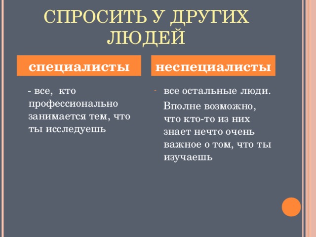 СПРОСИТЬ У ДРУГИХ ЛЮДЕЙ специалисты неспециалисты  - все, кто профессионально занимается тем, что ты исследуешь все остальные люди.  Вполне возможно, что кто-то из них знает нечто очень важное о том, что ты изучаешь