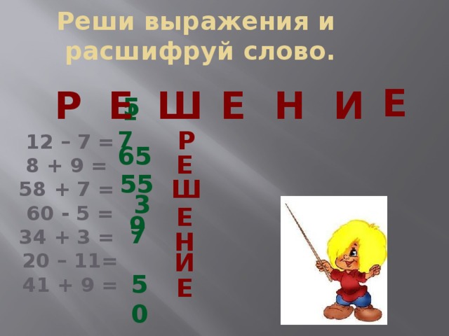 Реши выражения и  расшифруй слово. Р Е Е Н Е И Ш р 5 Е 17                   12 – 7 = 8 + 9 = 58 + 7 = 60 - 5 = 34 + 3 = 20 – 11= 41 + 9 =  Ш 65 Е 55 37 Н 9 И 50  Е