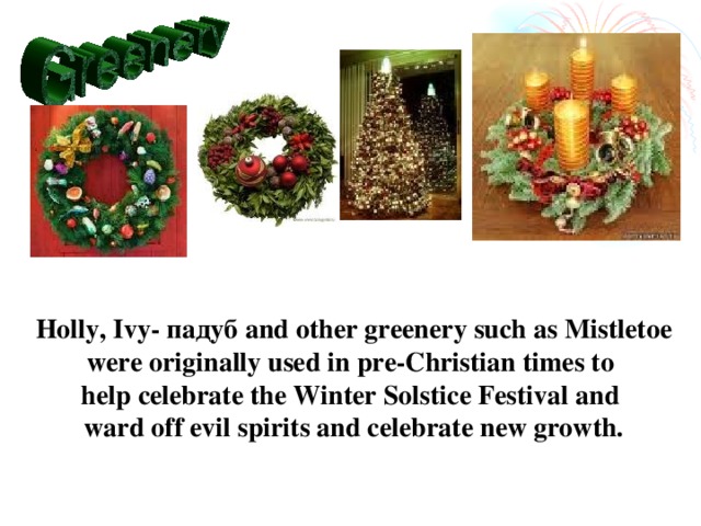 Holly, Ivy- падуб and other greenery such as Mistletoe were originally used in pre-Christian times to help celebrate the Winter Solstice Festival and ward off evil spirits and celebrate new growth.