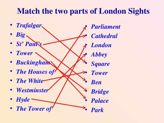 Match the words in the two. Match the Parts London. Match the Sights of London with their descriptions:. 3. Match the Parts of London.. Match the left and right columns 1 Buckingham 2 Trafalgar 3 Hyde.