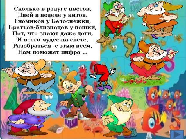 Сколько в радуге цветов, Дней в неделе у китов. Гномиков у Белоснежки, Братьев-близнецов у пешки, Нот, что знают даже дети, И всего чудес на свете, Разобраться с этим всем, Нам поможет цифра …