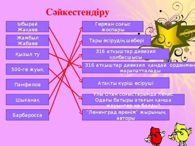 Сәйкестендіру Ыбырай Жақаев Герман соғыс жоспары Жамбыл Жабаев Тары өсірудің шебері Қызыл ту 316 атқыштар дивизия қолбасшысы 316 атқыштар дивизия қандай орденмен марапатталады 500-ге жуық Атақты күріш өсіруші Панфилов Ұлы Отан соғыстарында Кеңес Одағы батыры атағын қанша жауынгер ие болды? Шығанақ “ Ленинград өренім” жырының авторы Барбаросса