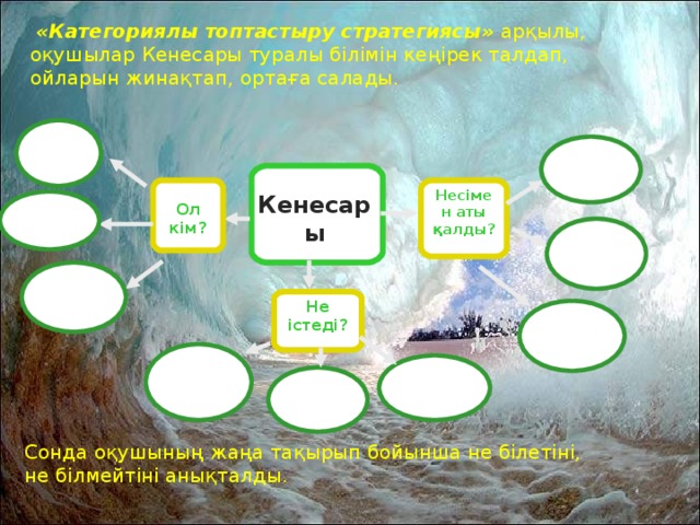 «Категориялы топтастыру стратегиясы» арқылы, оқушылар Кенесары туралы білімін кеңірек талдап, ойларын жинақтап, ортаға салады.  Несімен аты қалды? Ол кім? Кенесары   Не істеді? Сонда оқушының жаңа тақырып бойынша не білетіні, не білмейтіні анықталды.