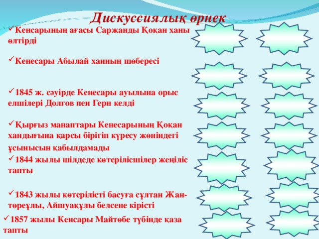 Дискуссиялық өрнек Кенсарының ағасы Саржанды Қоқан ханы өлтірді  Кенесары Абылай ханның шөбересі  1845 ж. сәуірде Кенесары ауылына орыс елшілері Долгов пен Герн келді Қырғыз манаптары Кенесарының Қоқан хандығына қарсы бірігіп күресу жөніндегі ұсынысын қабылдамады              1844 жылы шілдеде көтерілісшілер жеңіліс тапты 1843 жылы көтерілісті басуға сұлтан Жан- төреұлы, Айшуақұлы белсене кірісті 1857 жылы Кенсары Майтөбе түбінде қаза тапты