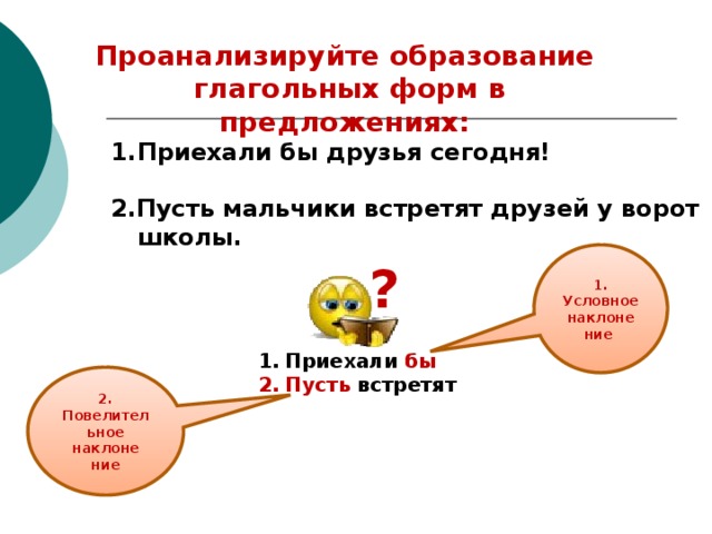 Проанализируйте образование  глагольных форм в предложениях: Приехали бы друзья сегодня!  2.Пусть мальчики встретят друзей у ворот школы. 1. Условное наклоне ние ? Приехали бы Пусть встретят 2. Повелительное наклоне ние