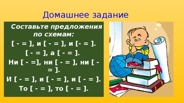 Домашнее задание  Составьте предложения по схемам: [ - = ], и [ - = ], и [- = ]. [ - = ], а [ - = ]. Ни [ - =], ни [ - = ], ни [ - = ]. И [ - = ], и [ - = ], и [ - = ]. То [ - = ], то [ - = ].