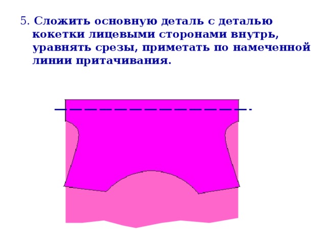 5. Сложить основную деталь с деталью кокетки лицевыми сторонами внутрь, уравнять срезы, приметать по намеченной линии притачивания.