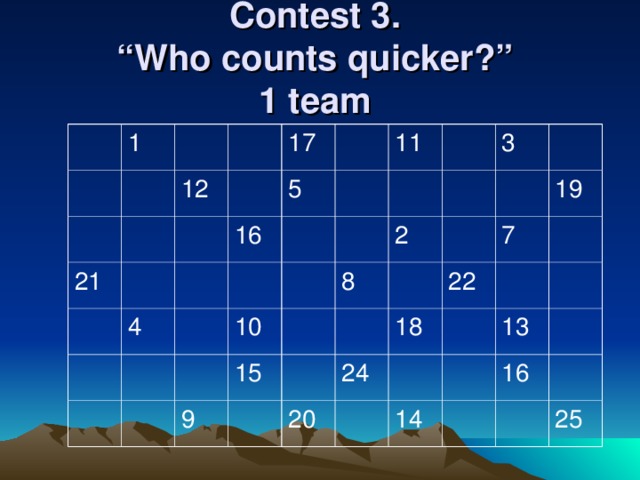 Contest 3.  “Who counts quicker?”   1 team  1 21 12 17 5 16 4 11 10 15 8 3 2 9 22 19 24 7 18 20 13 14 16 25