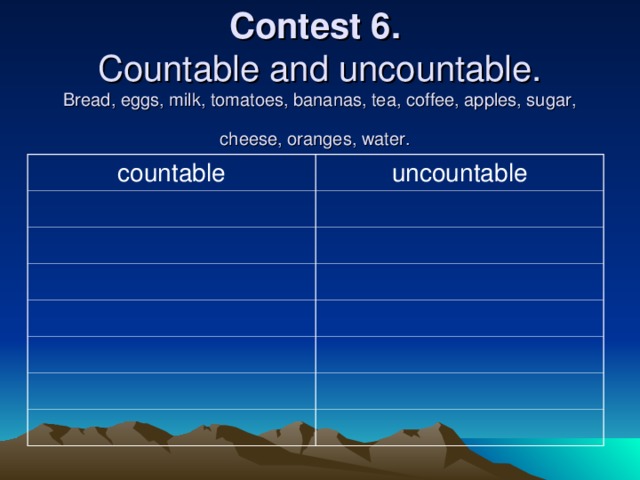 Contest 6.   Countable and uncountable.  Bread, eggs, milk, tomatoes, bananas, tea, coffee, apples, sugar, cheese, oranges, water.  countable uncountable