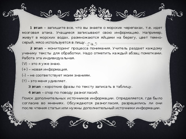 1 этап – запишите все, что вы знаете о морских черепахах, т.е. идет мозговая атака. Учащиеся записывают свою информацию. Например, живут в морских водах, размножаются яйцами на берегу, цвет темно-серый, мясо используется в пищу.  2 этап – мониторинг процесса понимания. Учитель раздает каждому ученику тексты для обработки. Надо отметить каждый абзац пометками. Работа эта индивидуальная. ( V) – это я уже знаю. (+) – новая информация. (-) – не соответствует моим знаниям. (?) – это меня удивляет.  3 этап – короткие фразы по тексту записать в таблицу.  4 этап – спор по поводу разногласий. Поиск дополнительных источников информации. Определяется, где было согласие во мнениях. Обсуждаются разногласия, разрешились ли они после чтения статьи или нужны дополнительный источники информации.