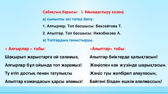 Сабақтың барысы:  І. Ұйымдастыру кезеңі. а) сыныпты екі топқа бөлу: 1. Алғырлар. Топ басшысы: Бексейтова Т. 2. Алыптар. Топ басшысы: Ниязбекова А. ә) Топтардың таныстыруы. «Алыптар» тобы: « Алғырлар » тобы: Шақырып жарыстарға ой саламыз, Алыптар биіктерде қалықтасын! Жеңіспен көк жүзінде шарықтасын. Алғырлар бұл ойында топ жарамыз! Ту етіп достық пенен татулықты Жеңіс туы желбіреп алауласын, Алыптар командасын қарсы аламыз! Бәйгені бізден ешкім алалмассың!