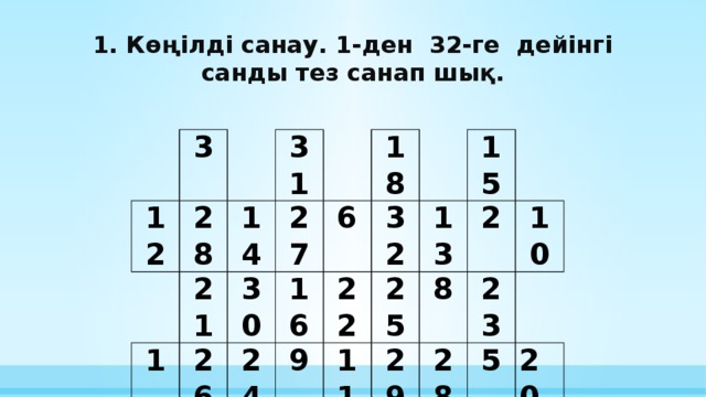 1. Көңілді санау. 1-ден 32-ге дейінгі санды тез санап шық.   3 12   28   21 31 14 1 26 30     27 18 16 7 24 6 9   22   32 25 15 19 13 11 2   29 8   4 23 10 28   5   17 20  