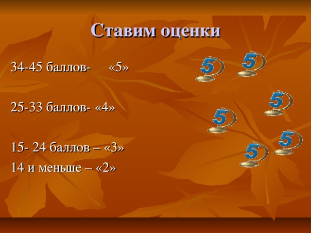 Ставим оценки 34-45 баллов- «5» 25-33 баллов- «4» 15- 24 баллов – «3» 14 и меньше – «2»