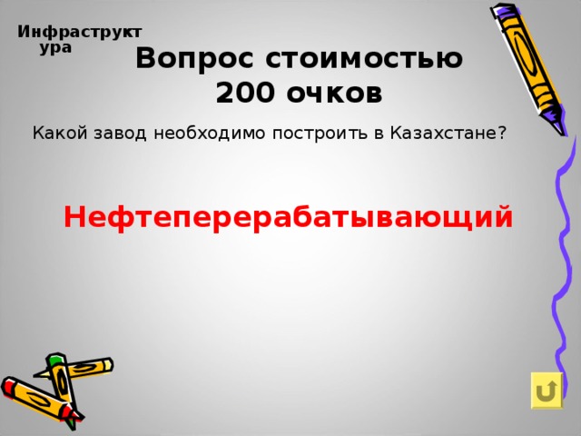 Инфраструктура  Вопрос стоимостью  200 очков Какой завод необходимо построить в Казахстане?  Нефтеперерабатывающий